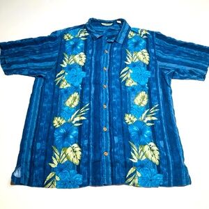 Tommy Bahama Mens XL Casual Button Down Tropical Blue & Green Hibiscus Pattern